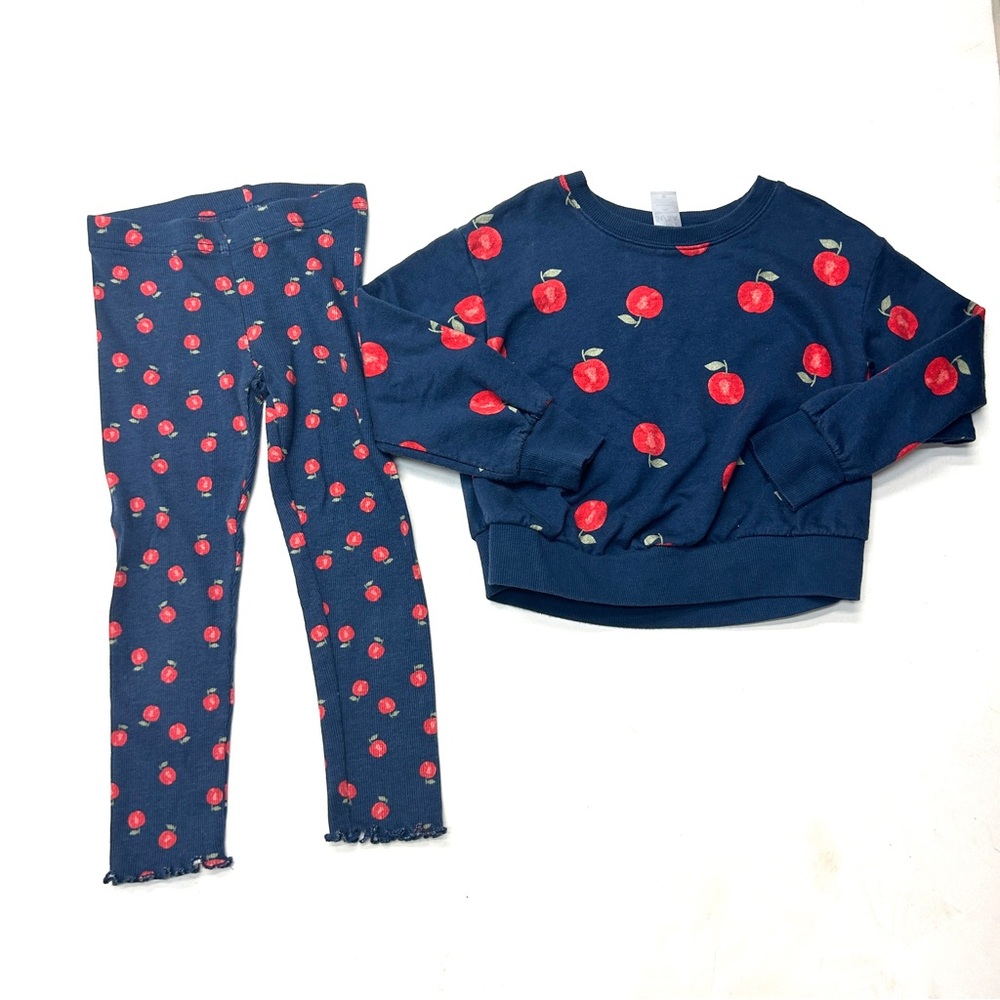 5/$25 Carter's Blue Sweatshirt Top Pants Set Outfit Red Apples Fruit